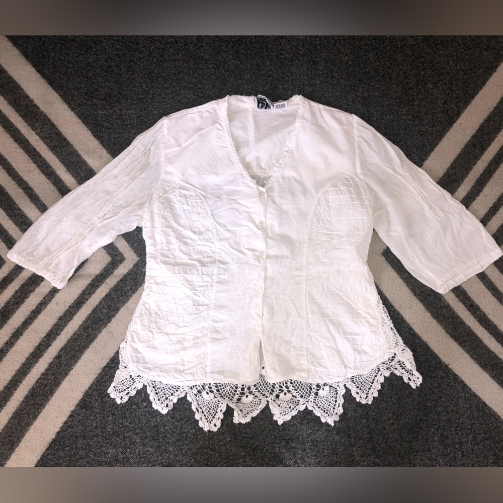 Vtg Speed Limit MPH White Button Up Embroidered Crochet Shirt Size S